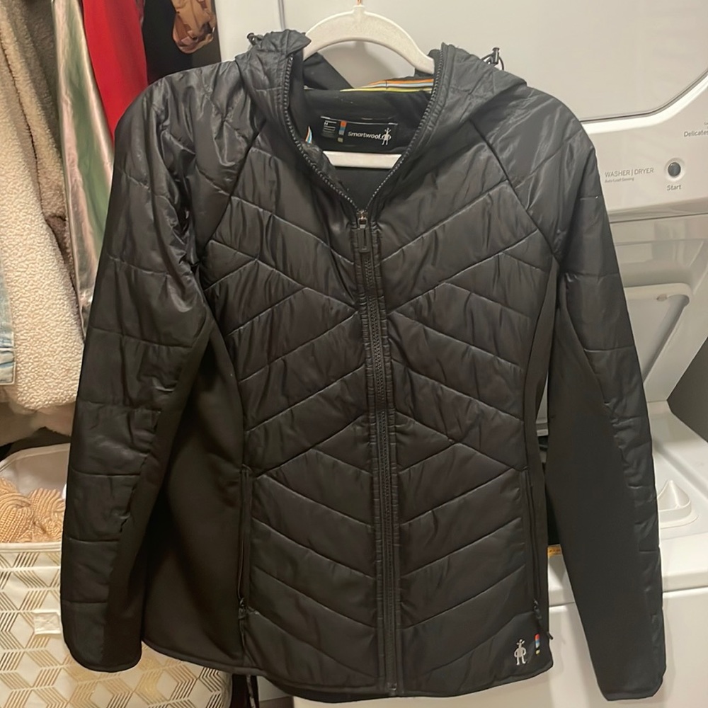 Black, lightweight, fitted smartwool jacket